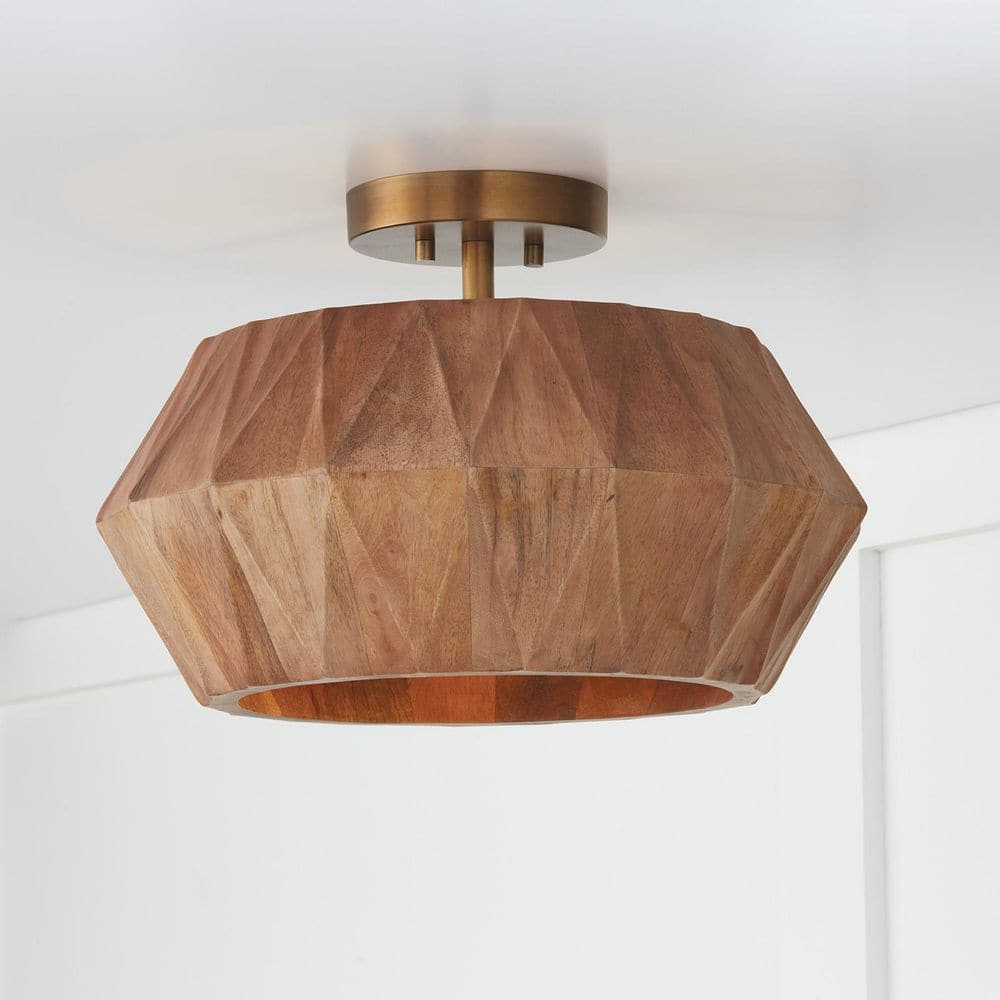 Nadeau 15 in. 1-Light Drum Matte Light Wood and Patinaed Brass Semi-Flush Mount Light for Foyer price history on PriceWatchPro