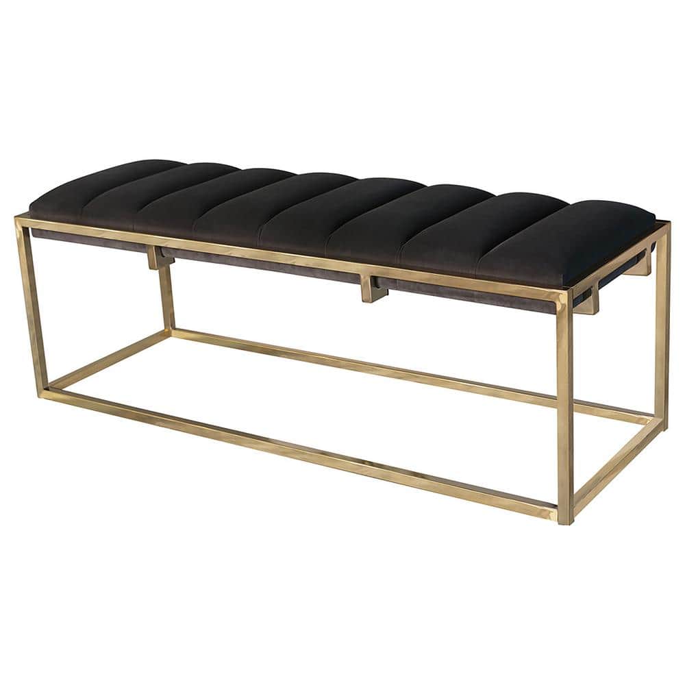 Elegant 48" Dark Grey Velvet and Gold Metal Bench
