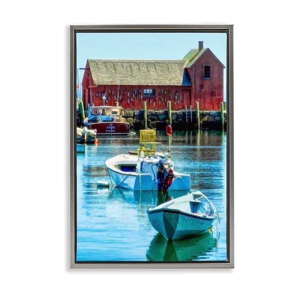 Tranquil Boat Harbor by Graffi tee Studios Gray Floater Frame Nature Graphic Art Print 25 in. x 17 in.