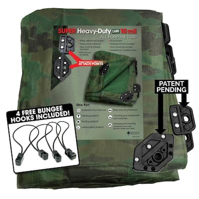 20 ft. x 40 ft. Super Corner Heavy-Duty CAMO Reversible Poly 10 mil Tarp Kit Includes 4-Free Bungee Hook Tie Downs