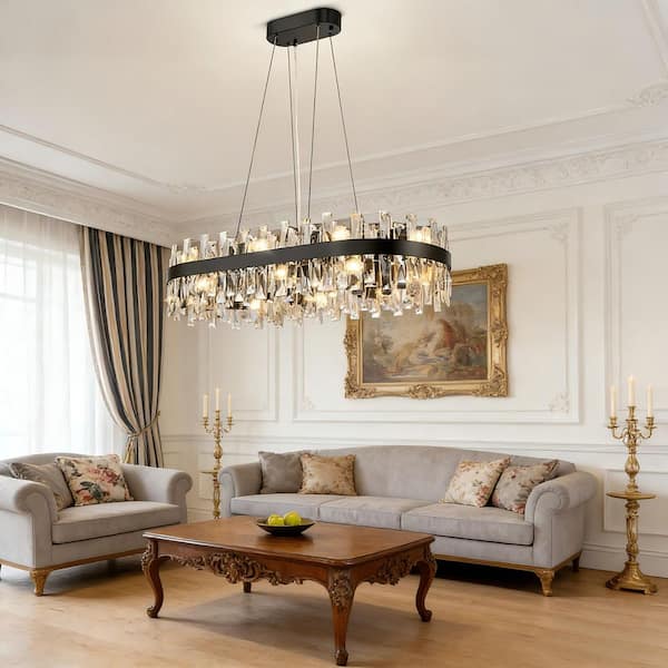 BISEYHUX 12-Light Matte Black Liner Crystal Chandelier, 35 in