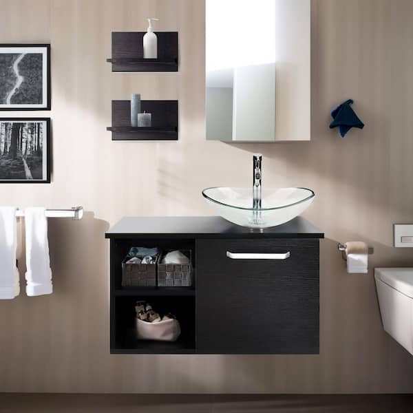 Puluomis 28 in. W x 19 in. D x 16 in. H Single Sink Black Bath Vanity with Clear Solid Surface Top Sink and Mirror