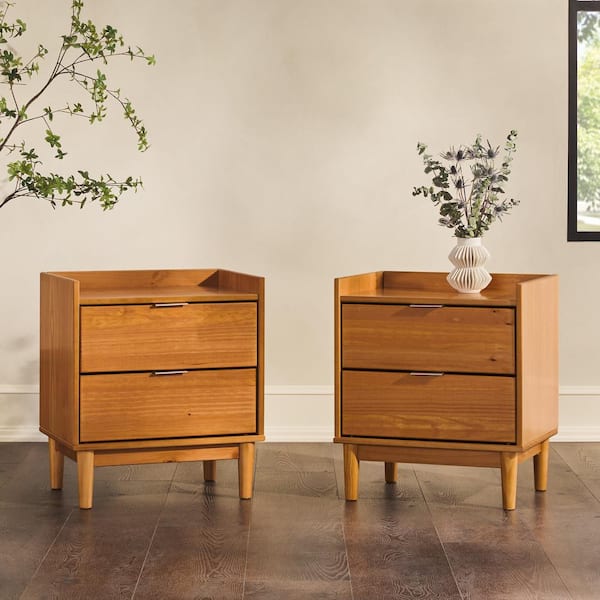 2-Drawer Caramel Solid Wood Mid-Century Modern Tray-Top Nightstand, (Set of 2)