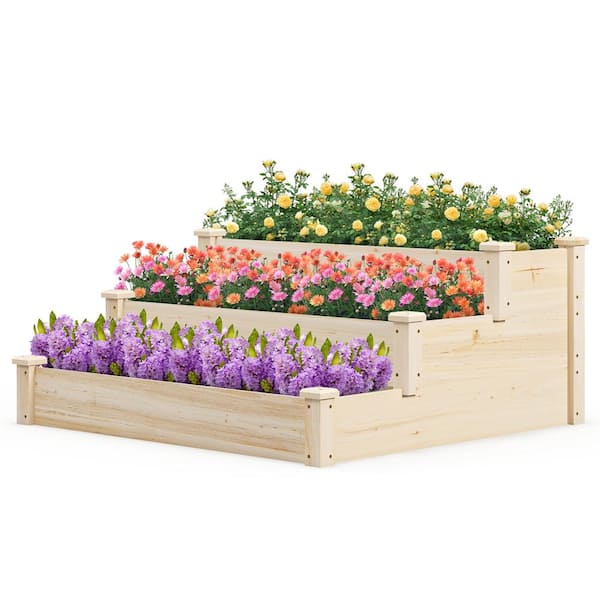 Costway 47 in. Natural Wood 3-Tier ladder-shaped Outdoor Raised Garden Bed with Open-Ended Base Growing Planter