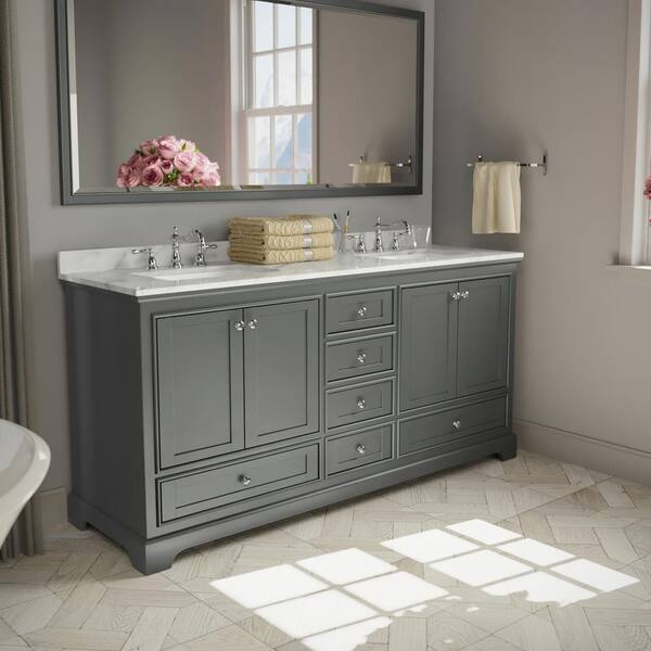 Deborah 72 in. W x 22 in. D Vanity in White with Marble Vanity Top in Carrara White with White Basins