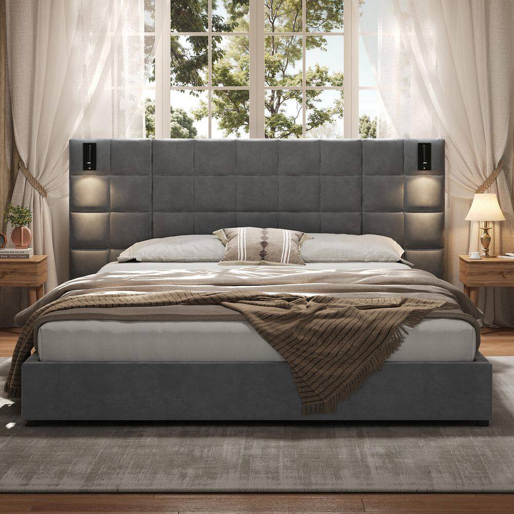 Svens Modern Gray Velvet Upholstered Wood Frame King Size Platform Bed with Headboard, Lamps and USB Ports