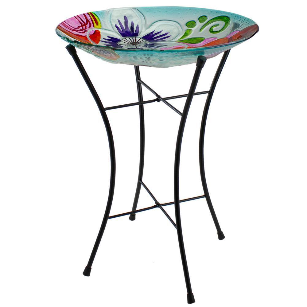 21" White and Multicolor Hand Painted Floral Glass Outdoor Birdbath with Stand