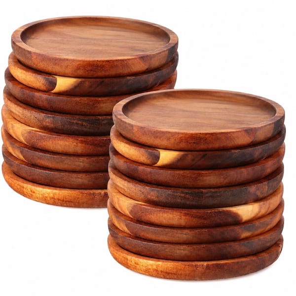 16-Piece Acacia Wood Dinner Plate Set, 6 in Round Wooden Serving Plates for Dishes, Dessert, and Snacks
