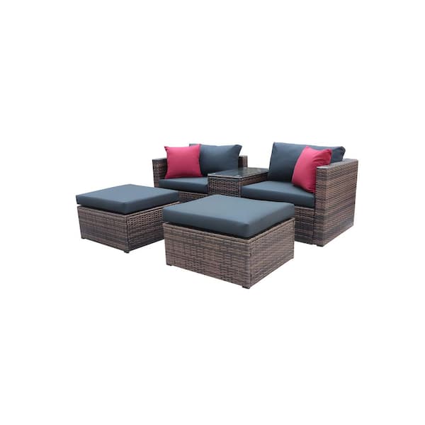Unbranded Wicker 5 Pieces Outdoor Patio Brown Sectional Set with Black Cushions and Red Pillows Furniture Protection Cover