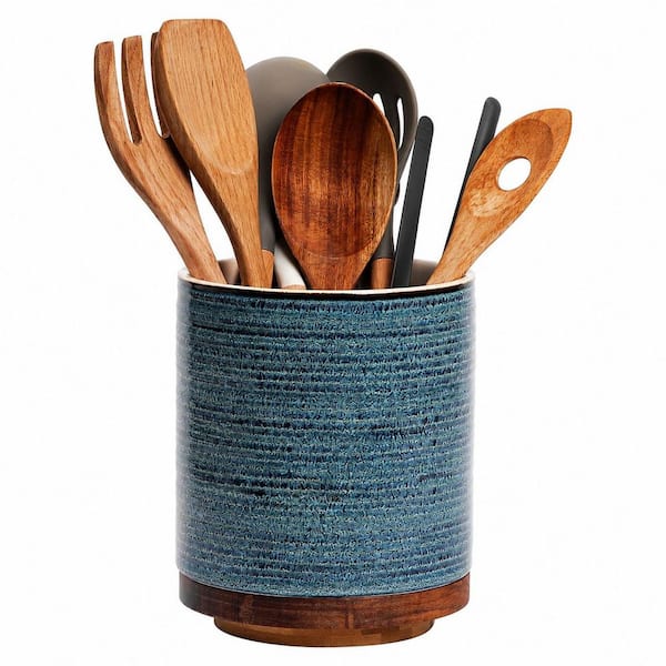 360° Rotating Ceramic Kitchen Utensil Holder, 7.6 in Extra Large Countertop Crock with Stable Base, Blue