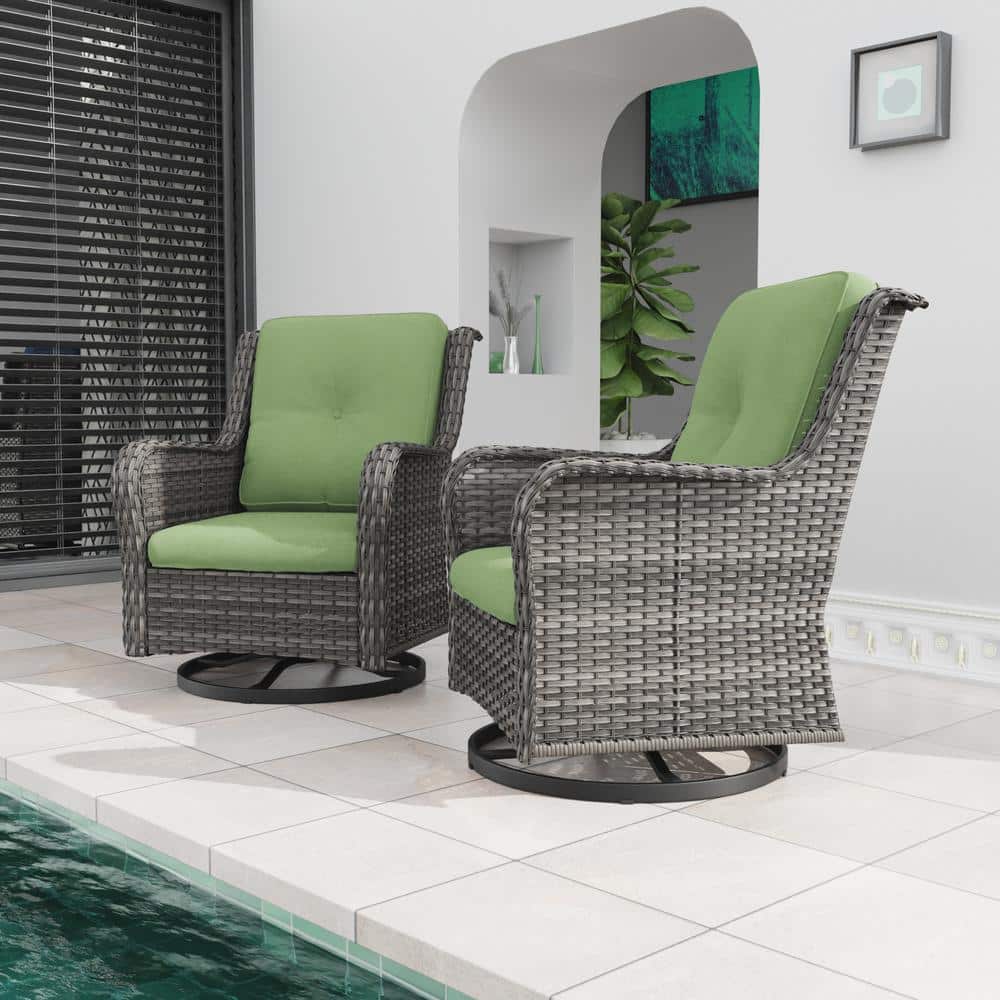 Green Cushioned Wicker Outdoor Swivel Rocking Accent Chair Set