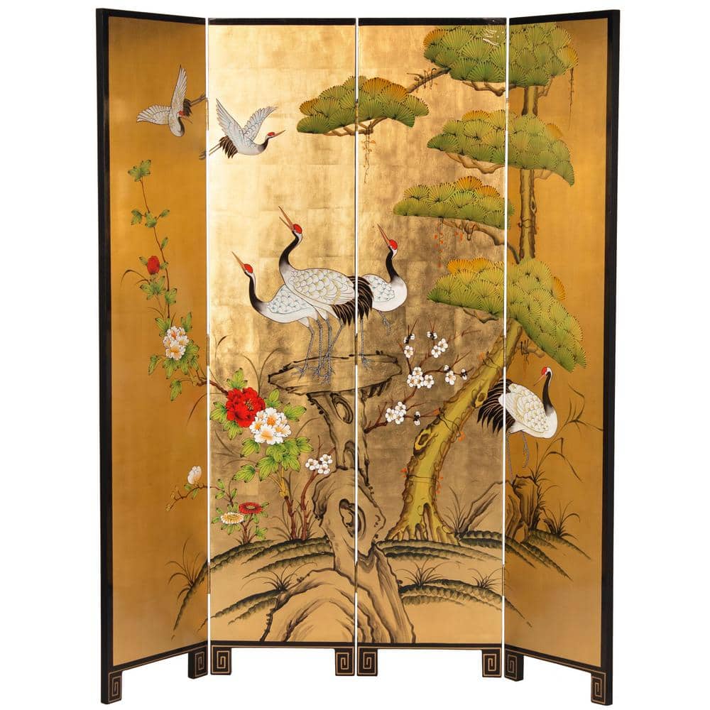 6 Ft. Tall Gold Lacquer Room Divider with Hand-Painted Cranes