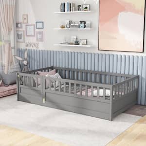 Gray Twin Size Wood Frame Floor Bed, Platform Bed with High Security Fence and Door