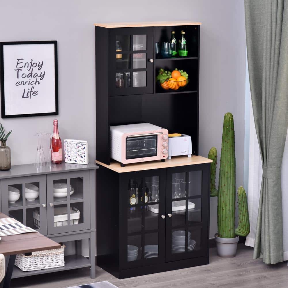 Sleek Modern Black Kitchen Buffet with Glass Door Hutch