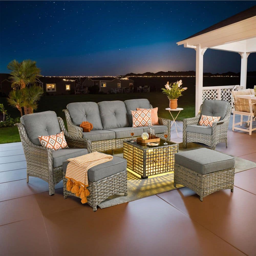 Cristiano 6-Piece Wicker Patio Conversation Seating Sofa Set with Dark Gray Cushions and a Lighted Coffee Table price history on PriceWatchPro