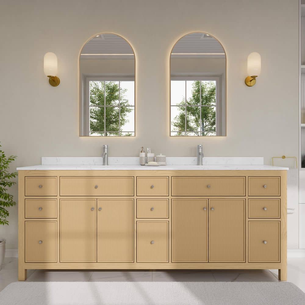 Pendry 84 in. Double Freestanding Tanned Oak Bath Vanity with Carrara Cultured Marble Top Assembled price history on PriceWatchPro