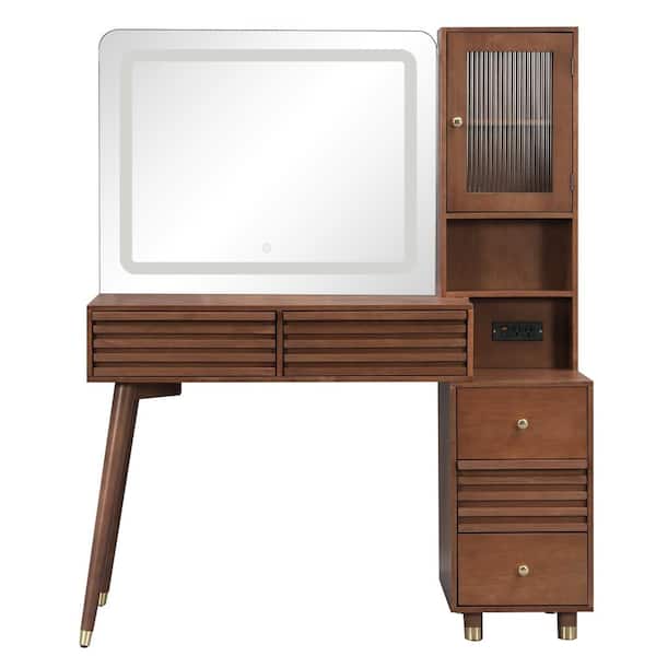 Espresso 45.9 in. Makeup Vanity Desk with LED Mirror and Lights, 5 Drawers, Rubber Wood Legs, Fluted Glass Cabinet