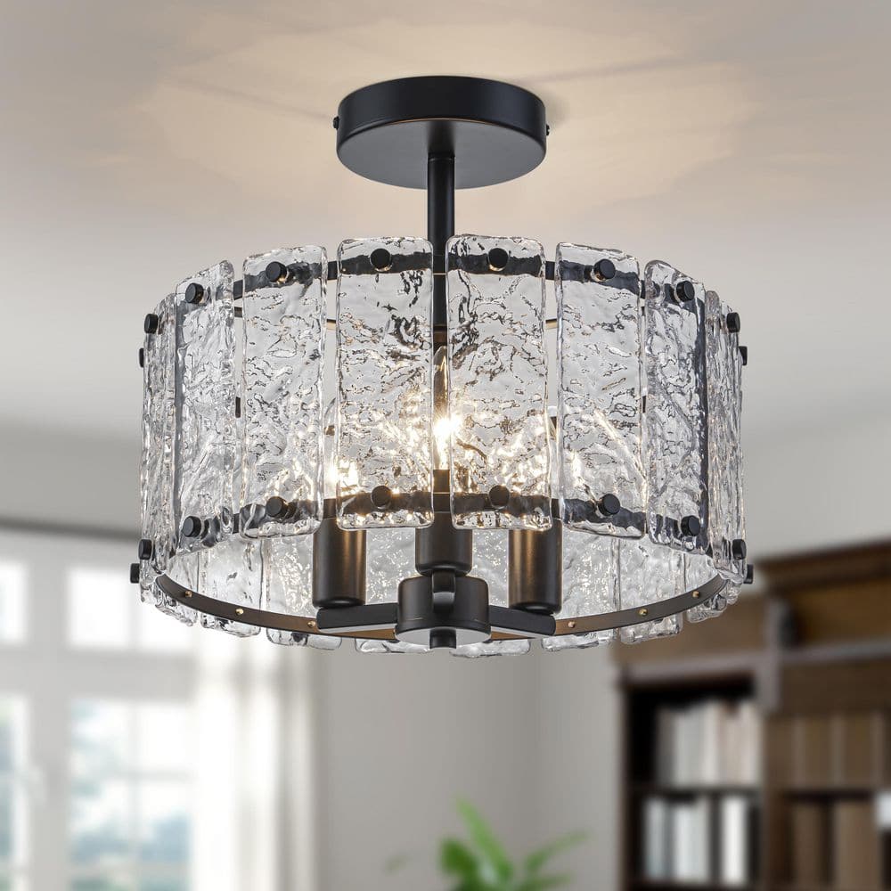 Black Modern 3-Light Semi Flush Mount Ceiling Light with Clear Textured Glass for Bedroom, Hallway, Entryway price history on PriceWatchPro