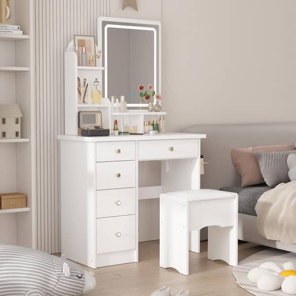 5-Drawers White Makeup Vanity Sets Dressing Table Sets With Stool, LED Lighted Mirror, Power Strip and Hair Dryer Holder
