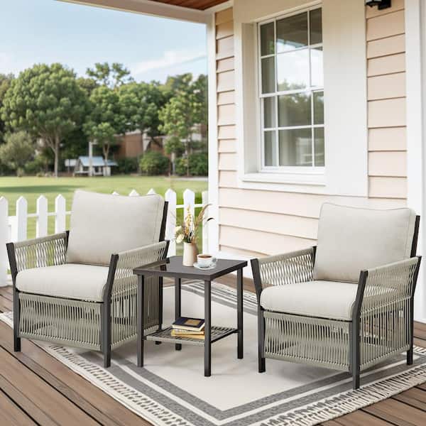 Buenaola Nyajiah 3-Piece Wicker Outdoor Patio Conversation Set with Beige Cushions