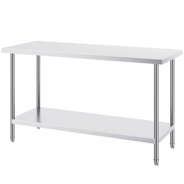 Stainless Steel Prep Table, 24 x 60 x 34 In. 840 lbs. Load Capacity, Silver Kitchen Prep Table with 3 Adjustable Height