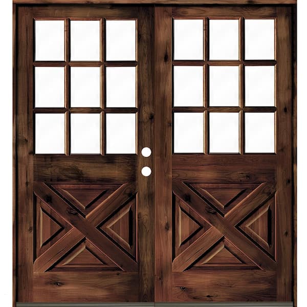 Krosswood Doors 64 in. x 80 in. Knotty Alder 2-Panel Left-Hand/Inswing Clear Glass Red Mahogany Stain Double Wood Prehung Front Door