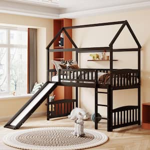 Espresso Twin Loft Bed with Slide and Ladder, House Loft Beds with Roof and Guardrail for Kids, Toddlers, Teens