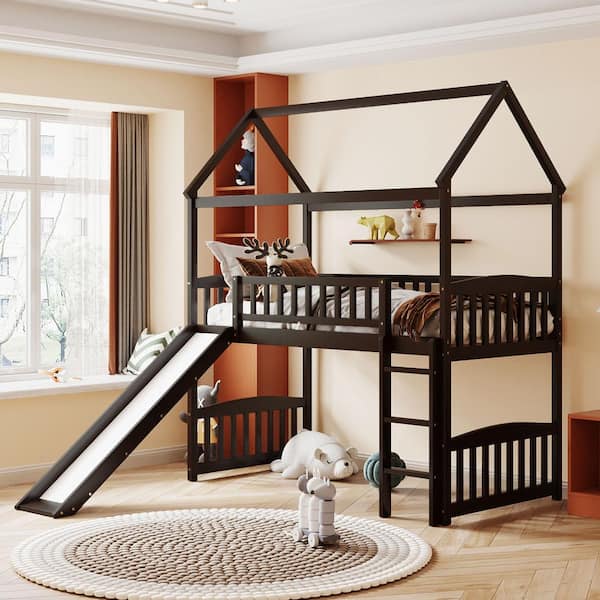 URTR Espresso Twin Loft Bed with Slide and Ladder, House Loft Beds with Roof and Guardrail for Kids, Toddlers, Teens