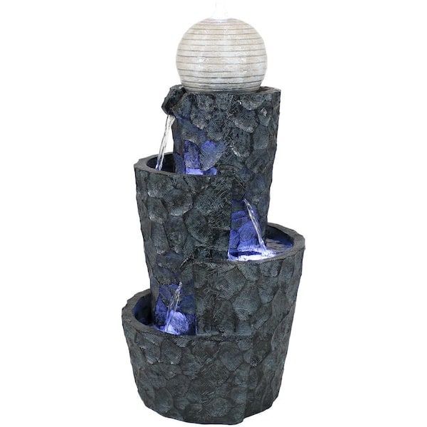 Sunnydaze 32 in. Hewn Spiral Tower Outdoor Water Fountain with LED Lights