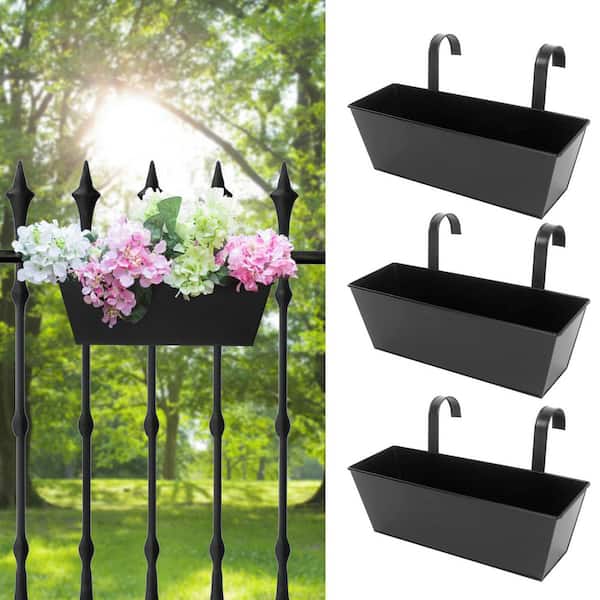 16 in Black Railing Planter Box Outdoor Balcony and Deck Hanging Flower Box for Fence (3-Pack)