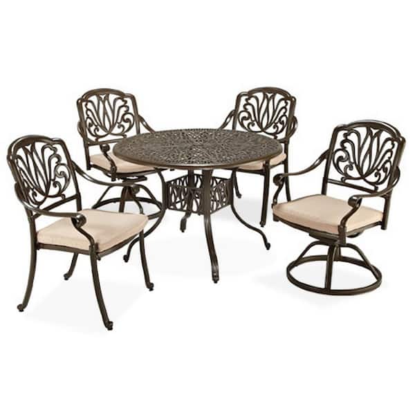 HOMESTYLES Capri Taupe Tan Brown 48 in. 5-Piece Cast Aluminum Round Outdoor Dining Set with Natural Tan Cushions