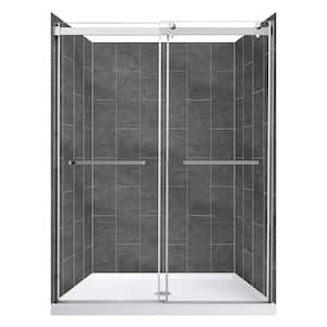 Lagoon Double Roller 48 in. L x 34 in. W x 78 in. H Center Drain Alcove Shower Kit in Slate and Silver Hardware