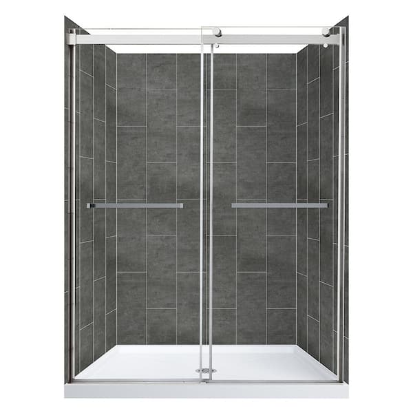 CRAFT + MAIN Lagoon Double Roller 48 in. L x 34 in. W x 78 in. H Center Drain Alcove Shower Kit in Slate and Silver Hardware
