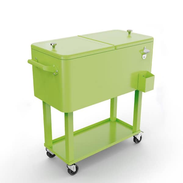 80 qt. 13.19 in. x 30.51 in. x 33.07 in. Light Green Rolling Ice Chest Portable Patio Cooler Cart Shelf Bottle Opener