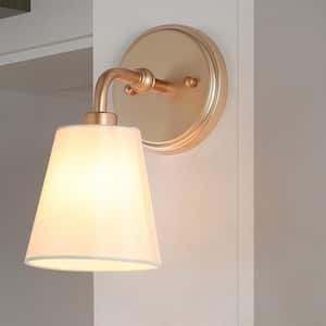 Modern Gold Bedroom Wall Light, 1-Light Farmhouse Gold Wall Sconce Bathroom Vanity Light with Fabric Shade