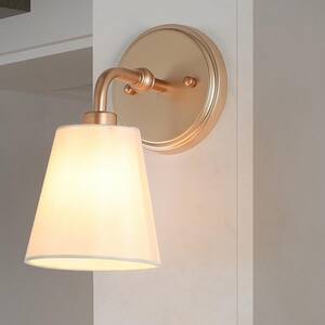5 in. 1-Light Modern Farmhouse Gold Wall Sconce Powder Room Bathroom Vanity Light with Fabric Shade