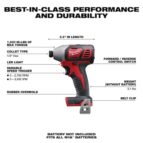 Milwaukee 2656-20 M18 18V Lithium-Ion Cordless 1/4 in. Hex Impact Driver (Tool-Only) - 2