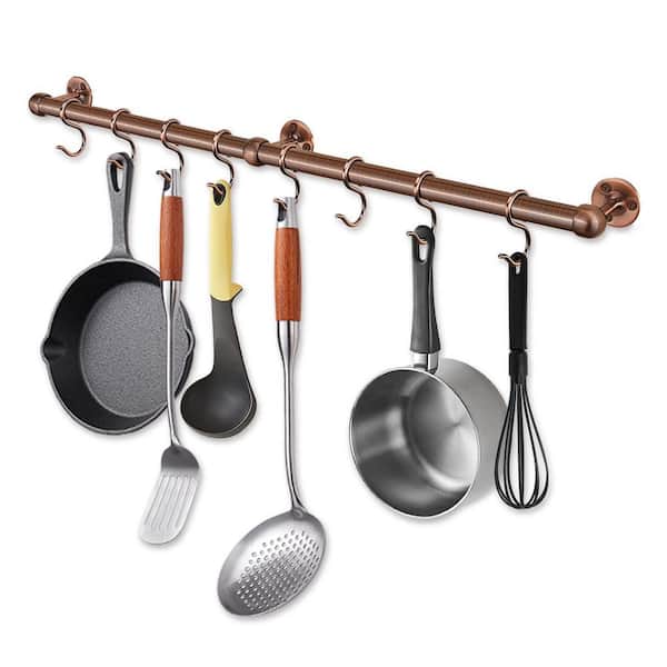 23 in. Antique Copper Stainless Steel Wall Mounted Hanging Pot Rack for Kitchen Cookware and Utensil Organization