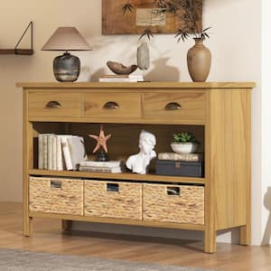 47 in. Natural Brown Rectangle MDF Console Table with Woven Baskets and Drawers