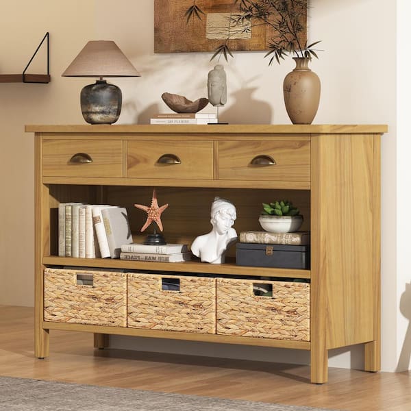 47 in. Natural Brown Rectangle MDF Console Table with Woven Baskets and Drawers