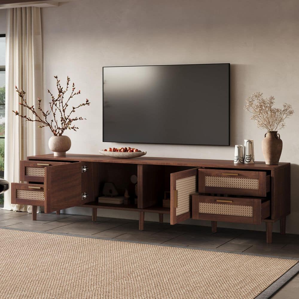 Ozma Modern Dark Brown TV Stand Fits TVs up to 85 in. with Rattan Doors, 4 Drawers and Soft Closing Hinges price history on PriceWatchPro
