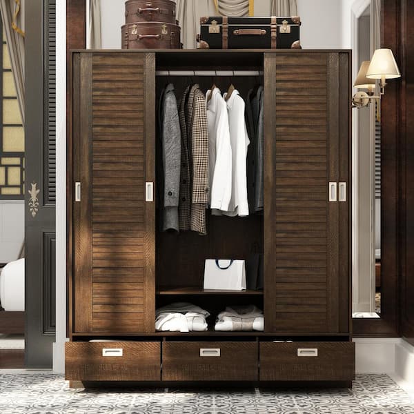 Dark Brown Wood 59.1 in. W 4-Door Big Wardwore Armoires With 4 Sliding Doors, Hanging Rods, Drawers, Storage Shelves