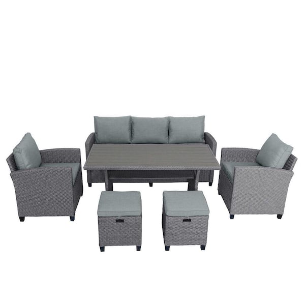 Gruisse 6-Piece Gray Outdoor Rattan Wicker Patio Conversation Set with Cushions, Sofa Chairs Stools Table Cover