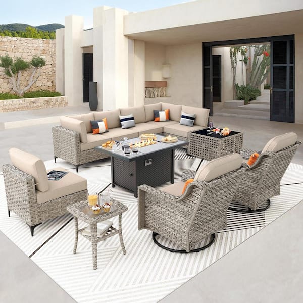 OVIOS Supery Gray 11-Piece Wicker Rectangle Fire Pit Patio Conversation ...