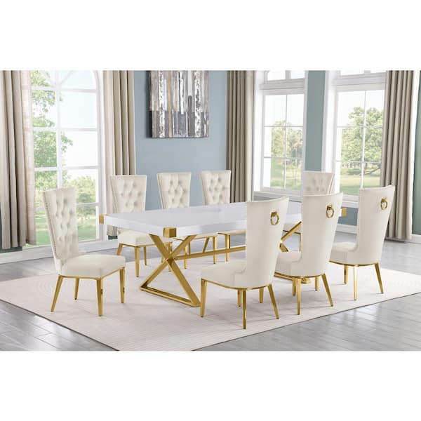 Best Quality Furniture Miguel 9-Piece Rectangle White Wood Top Gold Stainless Steel Dining Set with 8 Cream Velvet Chairs