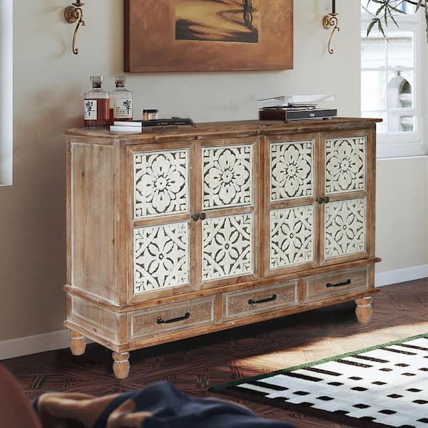59 in. Brown Wood Accent Cabinet-4-Door 3-Drawer Buffet Sideboard with Adjustable Shelves for Kitchen and Dining