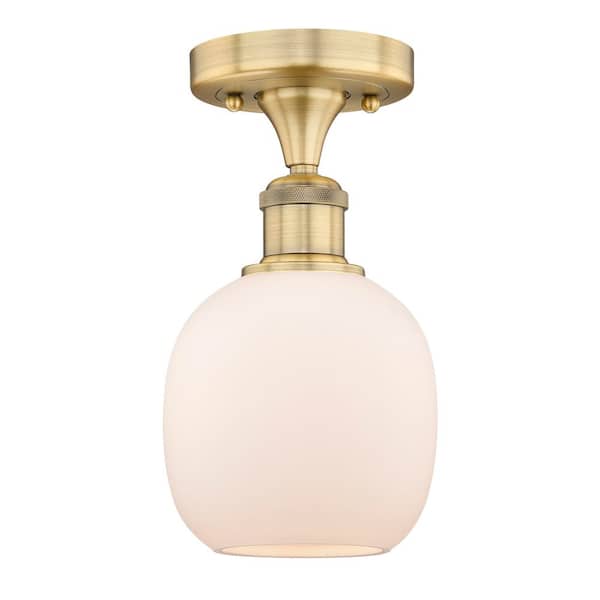 Belfast 6 in. 1-Light Brushed Brass Industrial Flush Mount with Seeded Glass Shade