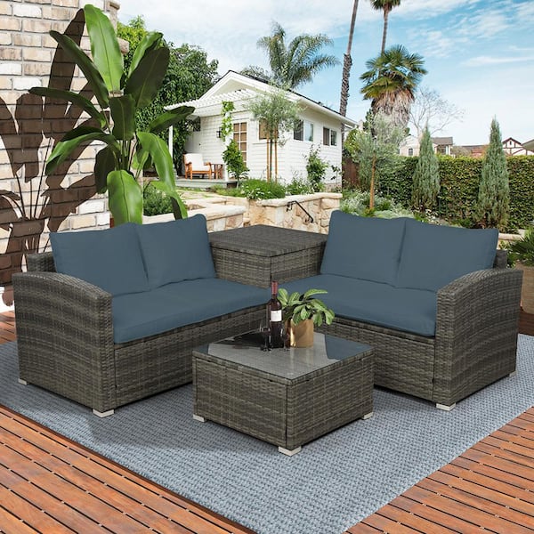 Wateday Gray 4-Piece Wicker Outdoor Sectional with Gray Cushions