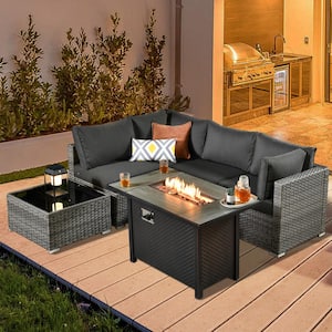 Daffodil J Gray 6-Piece Wicker Patio Outdoor Conversation Sofa Set with Gas Fire Pit and Black Cushions