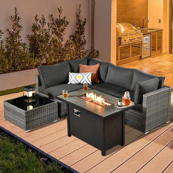 Daffodil J Gray 6-Piece Wicker Patio Outdoor Conversation Sofa Set with Gas Fire Pit and Black Cushions